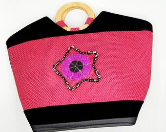 Pink & Schwarz Perlen Clutch Handtasche, Frühling, Sommer, Mode, Ethno, Holz, Raffia, Vintage Look, gewebt