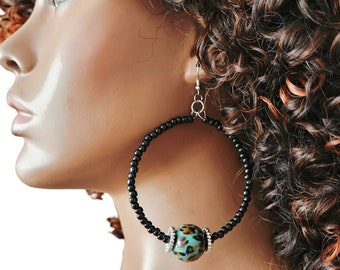 Black Beaded Hoop Earrings, Animal Print, Round, Drop, Dangle, Boho Jewelry