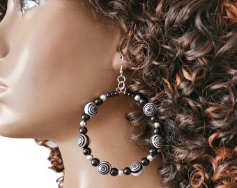 Black Beaded Hoop Earrings, Spiral Design, Round, Drop, Dangle, Boho Jewelry