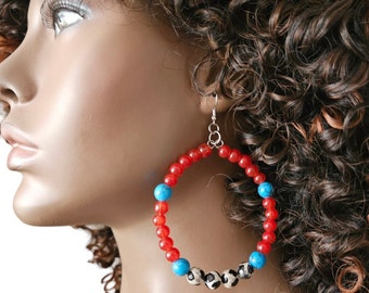 Multicolor Beaded Hoop Earrings, Orange Turquoise, Black Agate, Drop, Dangle, Boho Jewelry