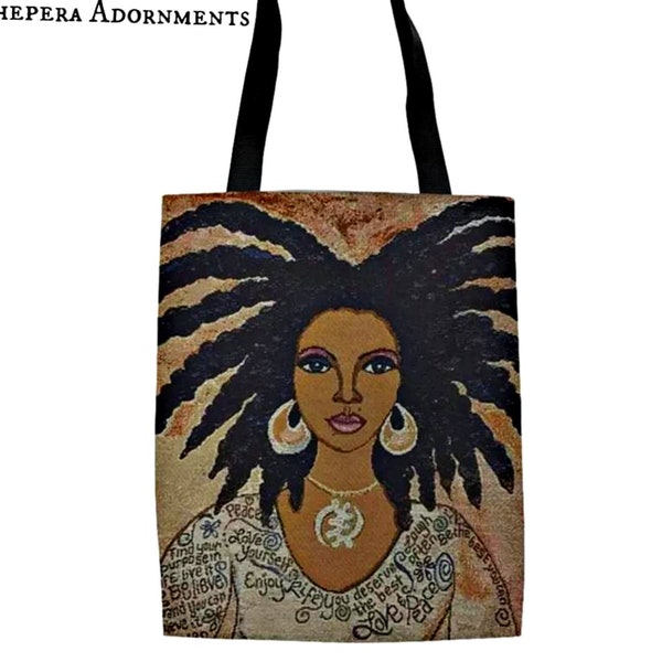 Ethnic Girl with Locs, Woman Tote Bag, Gift Bag, Handbag, Ethnic Bag, School Bag, Wax Fabric, Shopping Hobbie Shoulder Bag