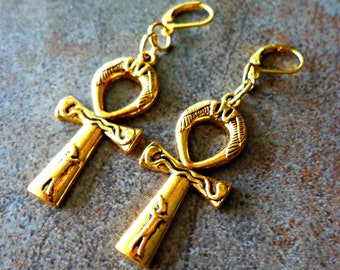 Gold Ankh Earrings, Egyptian Pendant Earrings, Statement Jewelry, Egyptian Cross Earrings, African Jewelry, Light Weight Long Earrings