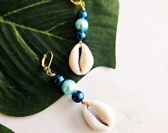 Cowrie Shell Earrings, Sea Shells, Blue Glass Pearls, Gold Wire, Sea Shell Earrings