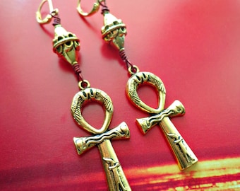 Gold Ankh Earrings, Statement Jewelry, Egyptian Pendant Earrings, Egyptian Cross Earrings, African Jewelry, Gold Dangle Earrings