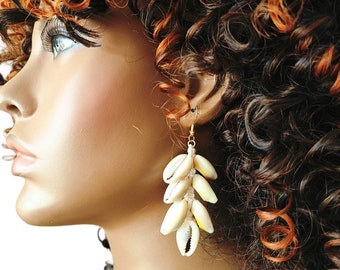 Sea Shell Earrings, Beach Jewelry, Cowry Shells, Ethnic Dangle Earrings, Layered, African Earrings