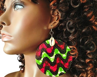 Large Wood Earrings, Pink Green Black, Statement Earrings, Ankara Fabric Earrings, Decoupage, Ethnic Jewelry
