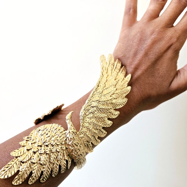 Yellow Gold Large Eagle Bracelet, Arm Jewelry, Fashion, Dramatic, Maximalist, Egyptian, Falcon, Spiritual, Bird Design