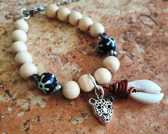 Beaded Bracelet for Girl, Teen, Cute Jewelry Chunky, Jewelry, Animal, Cheetah, Cowrie Shell Adjustable