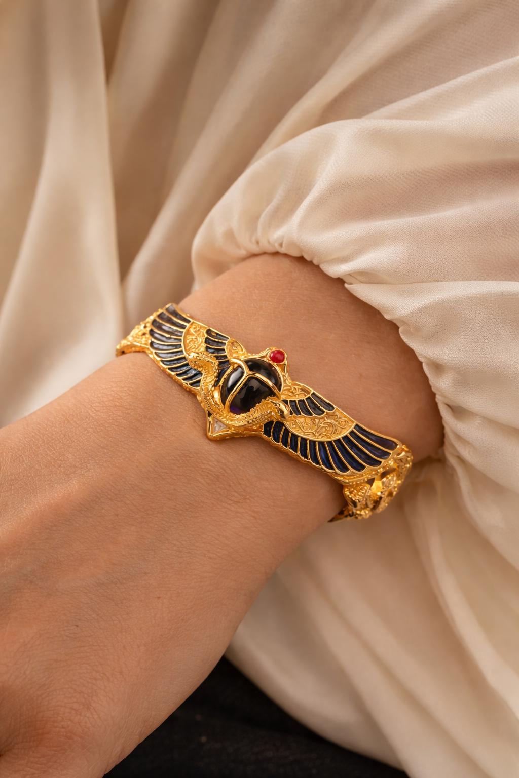 Gold Plated Winged Scarab Cuff Bracelet, Khepera, Artisan Egyptian ...