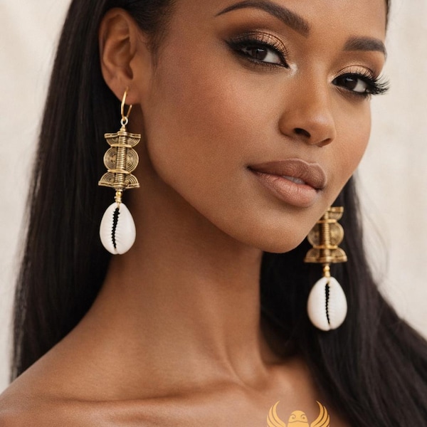 Cowrie Shell Statement Earrings,  Handcrafted Brass African Inspired Jewelry