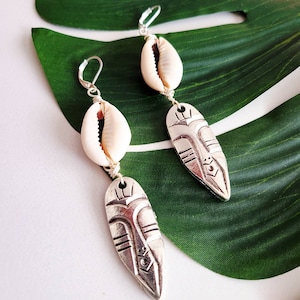 Cowrie Shell Mask Dangle Earrings, Ethnic Earrings, Silver Mask Tribal Earrings
