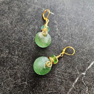 Recycled Glass Green Beaded Earrings, Trade Bead, Dangle, Gold Wire, Eco Friendly Jewelry