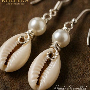 May include: A pair of handcrafted earrings featuring natural cowrie shells and faux pearls. The shells are cream-colored, and the pearls are white. The earrings are accented with silver-colored wire and hooks. The text "Hand-Assembled DETAIL" is visible.
