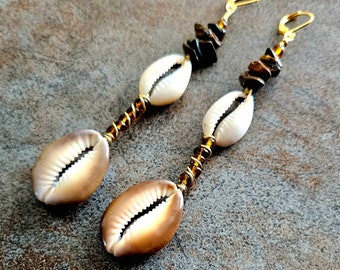 Cowrie Shell Beaded Earrings, Bohemian Jewelry,  Long Dangle Earrings