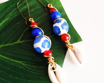 Cowrie Shell Earrings, Beaded, Dangle, Drop,  Earrings, Bohemian  African Ethnic, Tribal