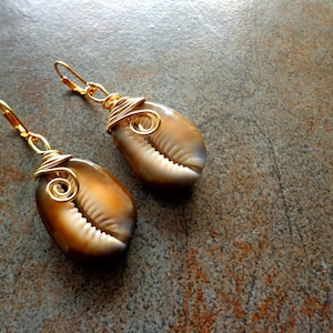 LARGE Sea Shell Earrings, Beach Jewelry, Summer Spring Jewelry, Brown Cowrie Shell Earrings, Tiger Shell Earrings, Natural Jewelry