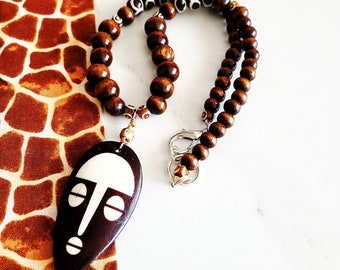 African Jewelry, Tribal Mask Necklace, Bone Beaded  Statement Ethnic Jewelry