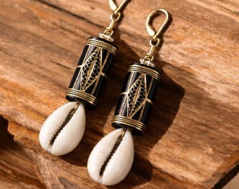 Kauri Muschel baumeln Ohrring ethnische einzigartige jeden Tag tragen Geschenk Schwarz und Gold Schmuck für Frauen Festival im Freien Ereignis