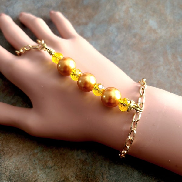 Yellow Beaded Hand Chain Bracelet, Beaded Chain Bracelet, Bohemian Jewelry, Beaded Bracelet