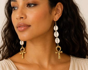 Gold Ankh Three Cowrie Shell Dangle Earrings Statement Jewelry with Meaning Vacations Festival Ancient Egyptian Spiritual Original Cross