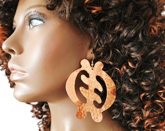 Large Copper Gye Nyame Earrings, Hammered, Ghanaian Pendants, Statement Jewelry, Long Earrings