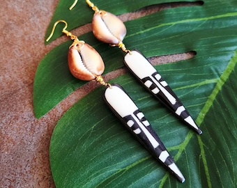 Bone Mask Earrings, Snakehead Cowrie Shells, African Inspired, Ethnic Earrings, Statement Jewelry, Boho Earrings, Khepera Adornments