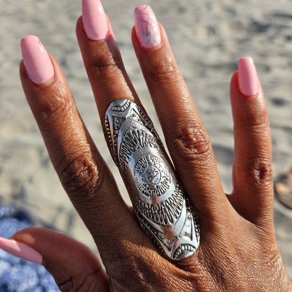 Antiqued Silver Tribal Ring, Ethnic Ring, Large, Full Finger Knuckle, Boho Gypsy Ring, Hippie Bohemian Statement, Size Range 5 to 7