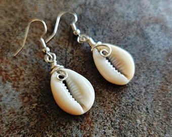 Cowrie Shell Earrings, Sea Shell, Silver Wire