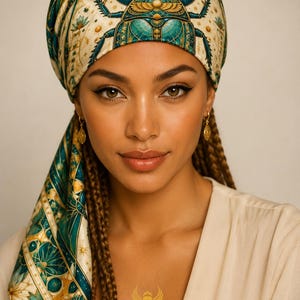 May include: A headscarf featuring a teal and cream-coloured pattern with a central scarab beetle motif, sun symbols, and lotus flowers. The text KHEPERA ADORNMENTS LLC and Synthetic Performer is printed in gold at the bottom of the image.