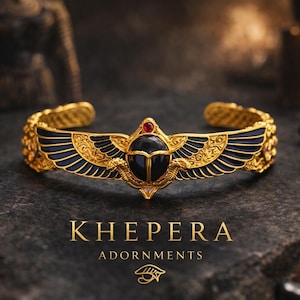 May include: Gold-coloured cuff bracelet featuring a black scarab beetle design, a red gemstone, and blue enamel wings. The bracelet is engraved with intricate details and the words "KHEPERA ADORNMENTS".