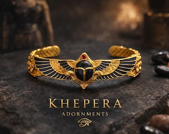 Gold Winged Scarab Cuff Bracelet Khepera Bangle Artisan Egyptian Beetle Ancient Sun God Amulet Spiritual Protection Sacred Insect Jewelry