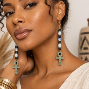 Egyptian Ankh Earrings Turquoise Patina Black White Beaded Long Dangle Statement Jewelry Boho Spiritual Gift
