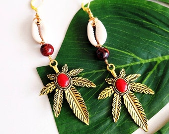 Gold Leaf Shell Earrings, Dangle Bohemian Earrings, Vintage Drop, Long, Statement Jewelry