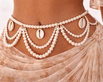 Faux Pearl and Cowrie Shell Body Chain, Layered Waist Jewelry