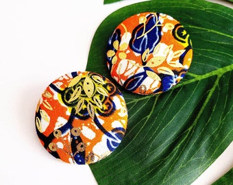 African Fabric Button Earrings, Orange Blue Gold Ankara Stud Earrings, Large Oversized Button Earrings, Khepera Adornments, Ethnic Earrings