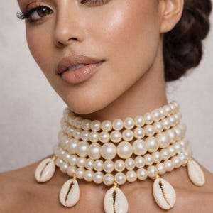 African Inspired Pearl Cowrie Shell Choker Necklace, Statement Layered Pearl Collar, Cowrie Shell Jewelry, Goddess Jewelry, Tribal Luxe