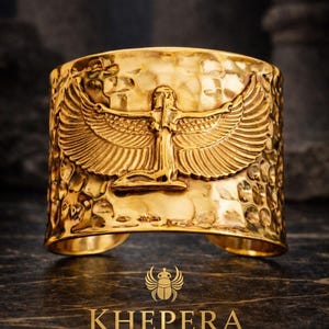 Isis Goddess Cuff Bracelet in Gold Brass Egyptian Maat Statement Jewelry for Protection and Spiritual Strength