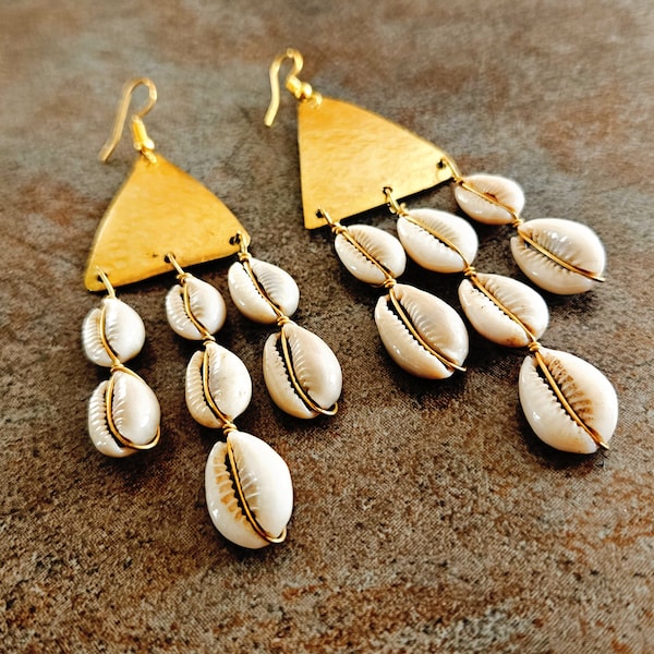 Cowrie Shell Dangle Earrings, Bohemian, Ethnic, African Jewelry
