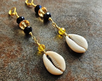 Cowrie Shell Faceted Crystal Earrings, Fashionable, Gold, Black Dangle, Drop, Jewelry