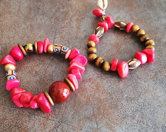 Pink Chalcedony Beaded Bracelet Set, Earthtones, Wood, Trade Beads, Meditation