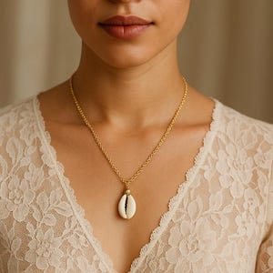 Cowrie Shell Necklace, Gold Plated Chain, Stainless Steele, Delicate, Minimalist Jewelry