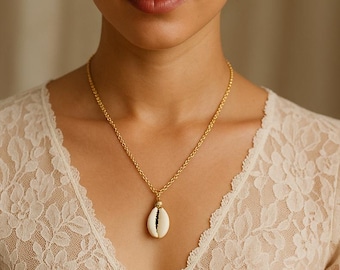 Cowrie Shell Necklace, Gold Plated Chain, Stainless Steele, Delicate, Minimalist Jewelry