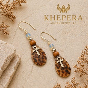 Tiger Shell Ankh Drop Earrings Wood Bead Opalite Accent Spiritual Jewelry Handmade Statement Dangle