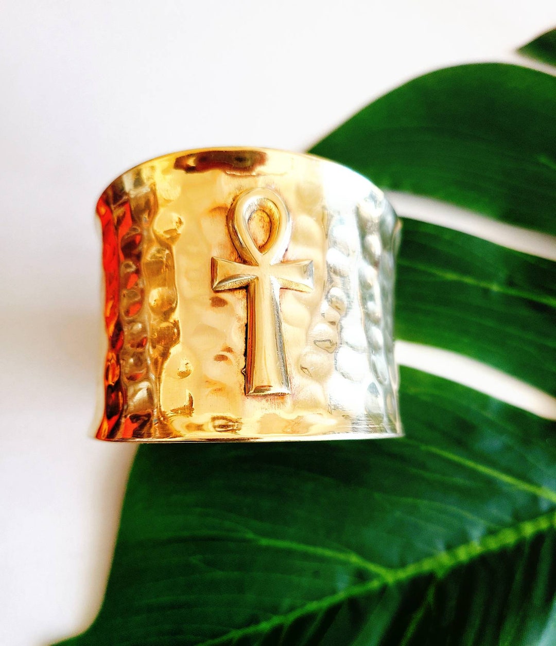 Ankh Brass Cuff Bracelet, Gold, Eternal Life, Spiritual Statement