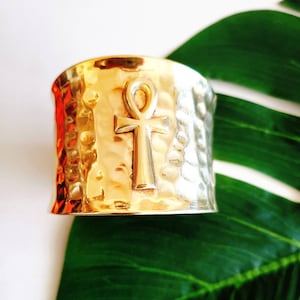 Ankh Brass Cuff Bracelet, Gold, Eternal Life, Spiritual Statement Jewelry, Gift For Her, Gift For Him, Egyptian African Jewelry
