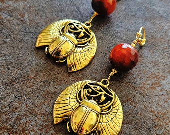 Orange Agate Scarab Eye of Horus Dangle Earrings, Egyptian,  Statement Jewelry