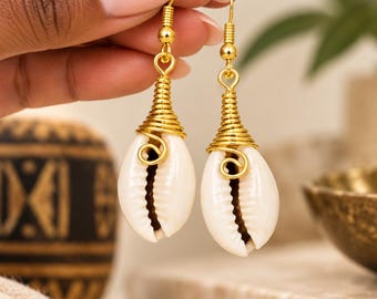 Cowrie Shell Earrings for Women Gold Wire Wrapped Dangle Earrings Boho Statement Jewelry Cultural Gift Sea Shells Natural, Beach, Statement