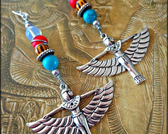 Egyptian Goddess Isis Earrings, Goddess Earrings, Statement Jewelry, Celestial Jewelry, Wing Jewelry, Spiritual Jewelry, Khepera Adornments