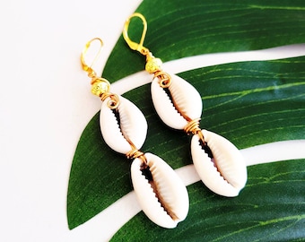 Sea Shell Earrings, Beach Jewelry, Triple Cowrie Shell Earrings, Cowry Shells, Ethnic Dangle Earrings, African Earrings