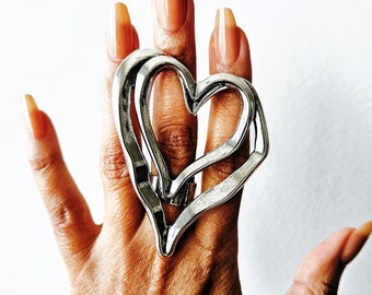 Silver Heart Ring, Large, Maximalist, Statement, Party, Jewelry, Fashion, Abstract, Stackable, Layer, Chunky, Symbol